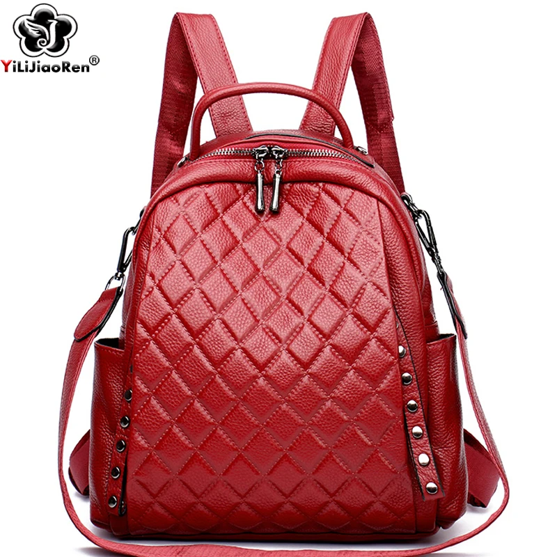 Luxury Bags Leather - 本革リュックサック女性ショルダーバッグ高級デザイナーチェック柄バックパック女性大容量スクールバッグ十代の少女のための